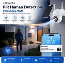 FOSSENXE security camera features packaging, white/black/blue, 2K day/night