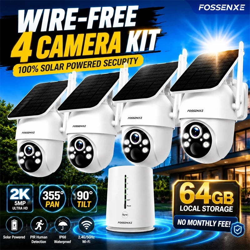 FOSSENXE solar WiFi camera kit packaging, white/black/blue, 4-camera set