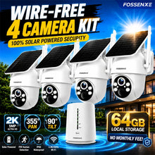 FOSSENXE solar WiFi camera kit packaging, white/black/blue, 4-camera set