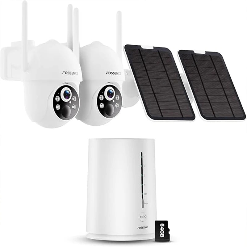 FOSSENXE camera bundle packaging, white/black, two cameras and two solar panels