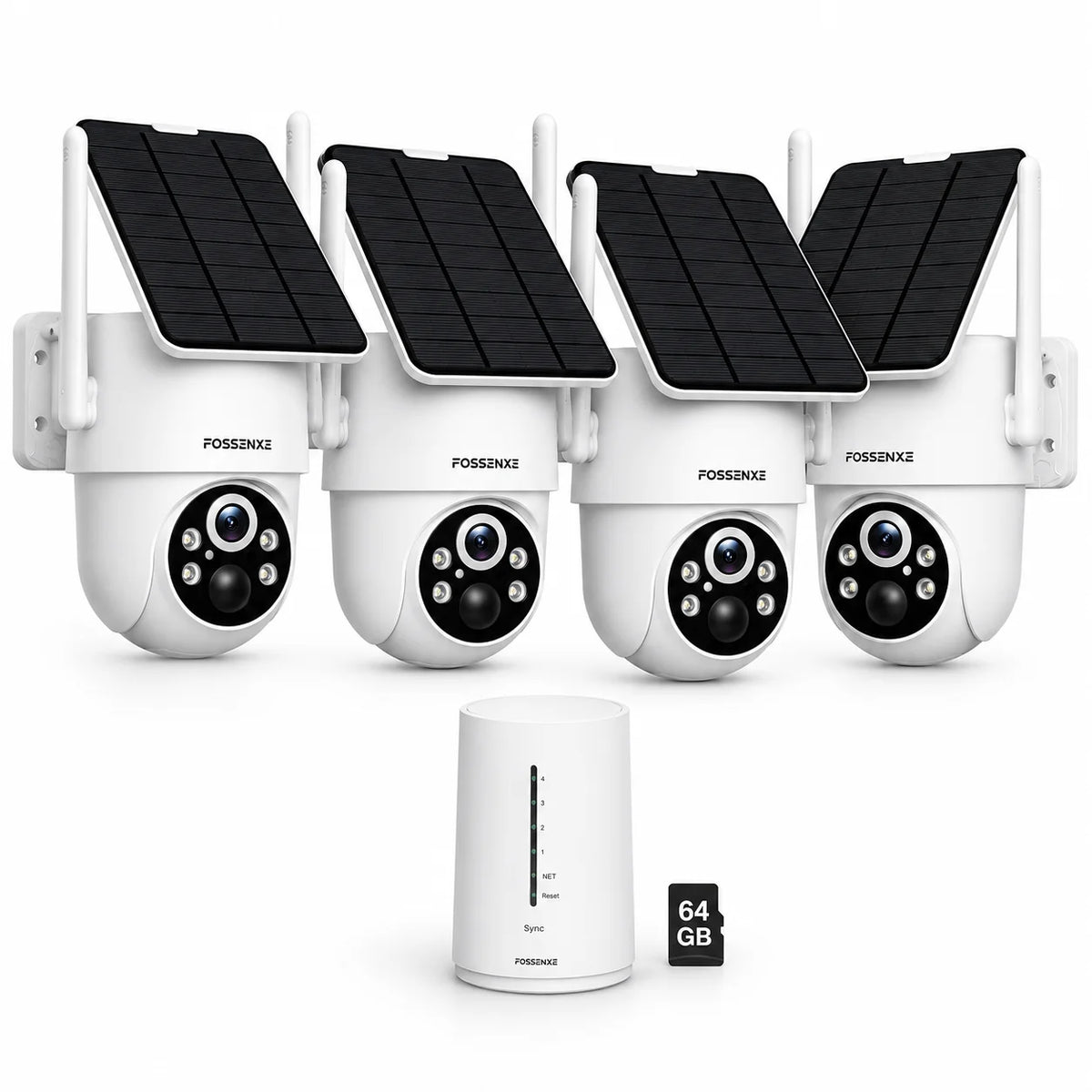 FOSSENXE security camera set with solar panels, white/black bundle view