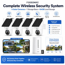 FOSSENXE wireless security system packaging, white/blue, complete 4-camera kit