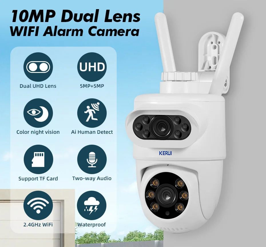 KERUI dual-lens WiFi camera detail, white and black close-up