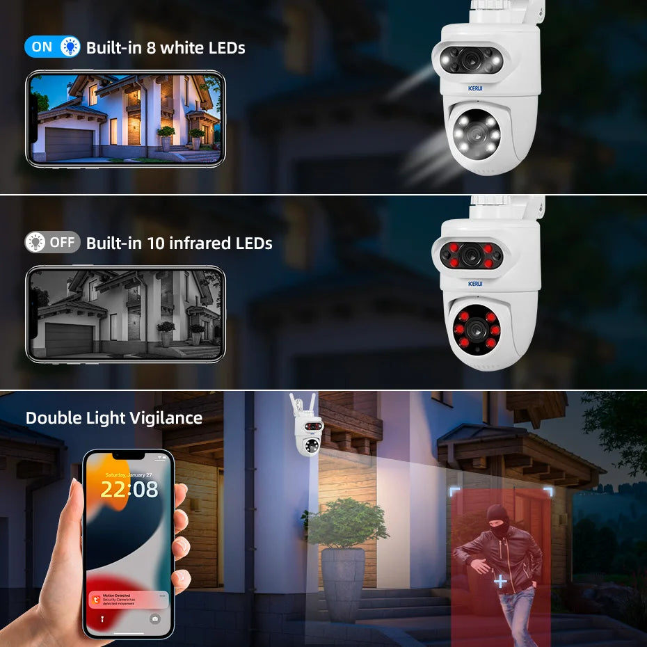 KERUI PTZ bullet camera system, gray and brown outdoor setup view