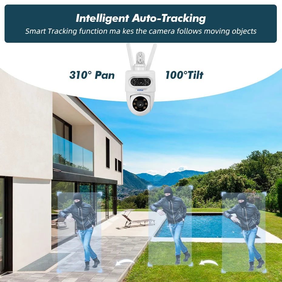 KERUI security camera lifestyle shot, white and black outdoor night vision