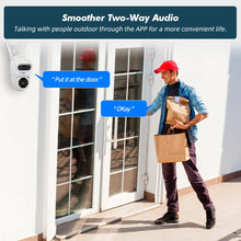KERUI two-way audio security camera, white and red delivery interaction