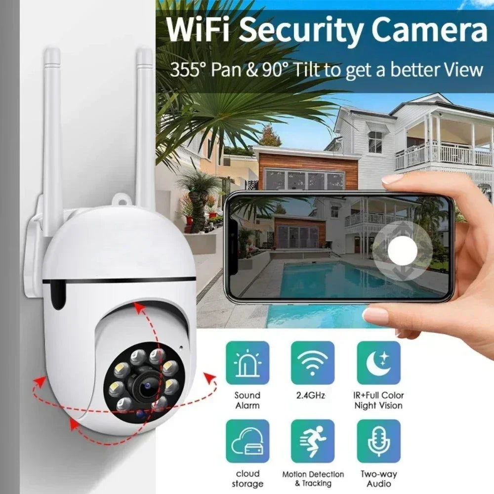 Cugo WiFi security camera packaging, showing lens and antenna with app interface
