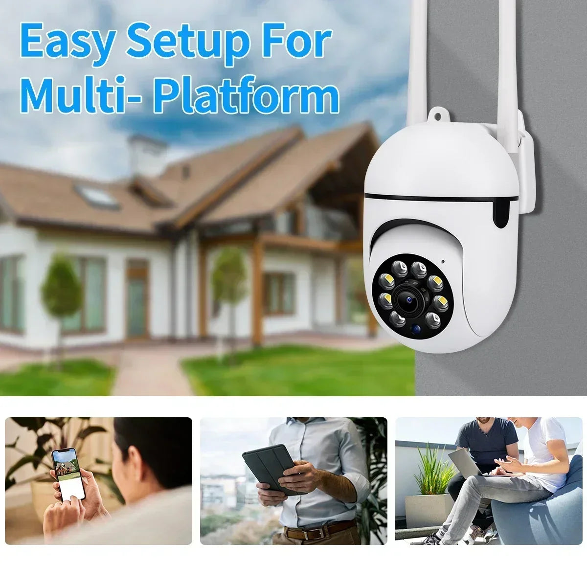 Cugo WiFi security camera packaging, showing lens, antenna, and easy setup