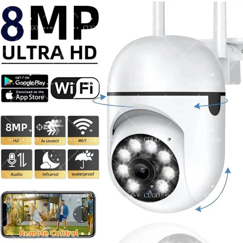 Cugo 8MP dome camera in white/black, front view with WiFi and night vision LEDs