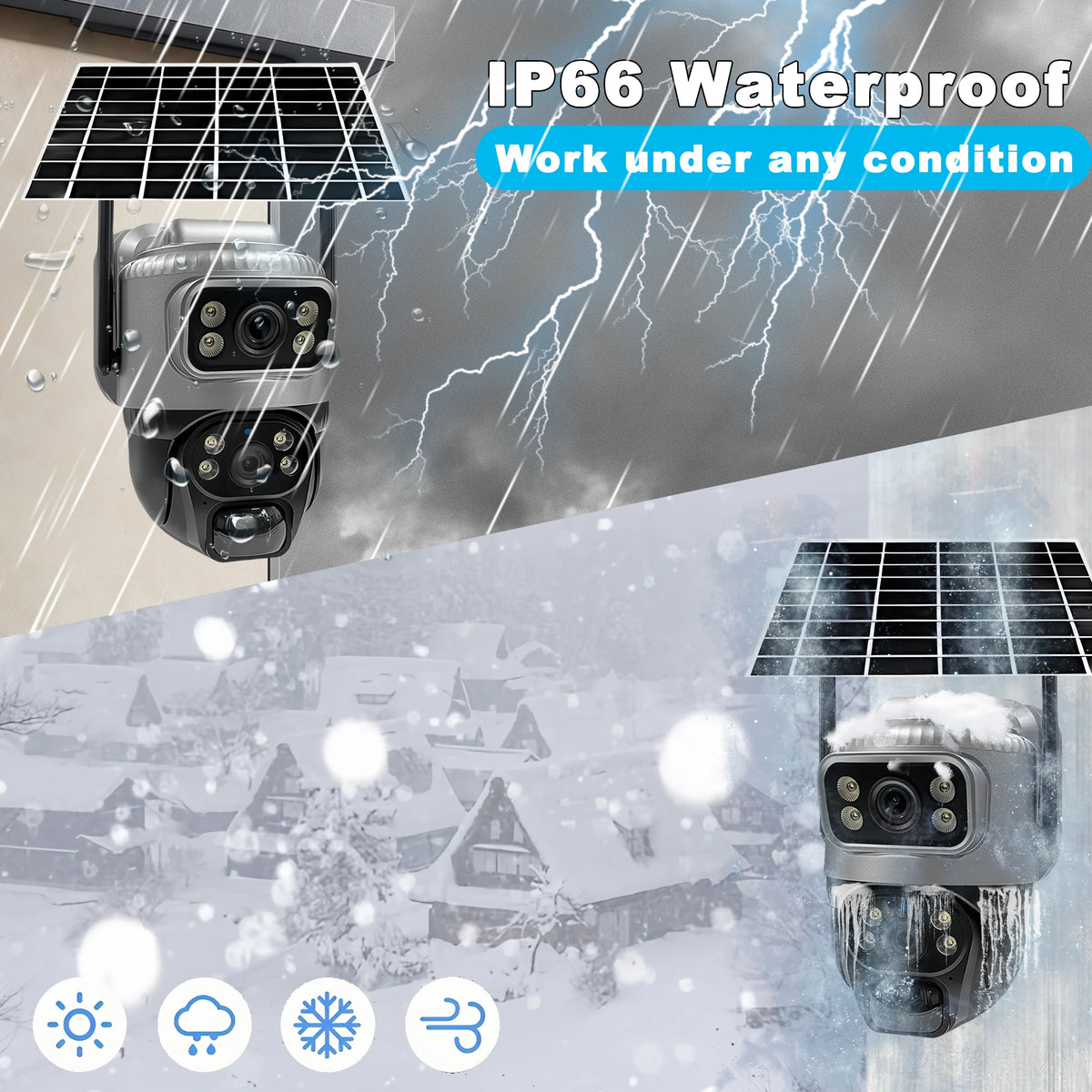 V380 Pro solar security camera, black and gray outdoor weatherproof view