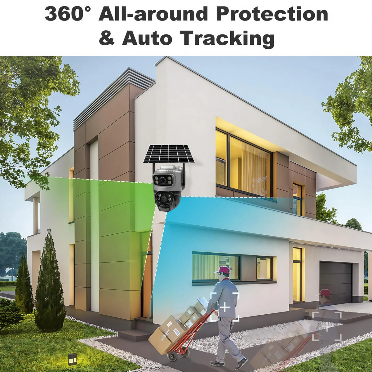 V380 Pro solar security camera on house, lifestyle shot with tracking