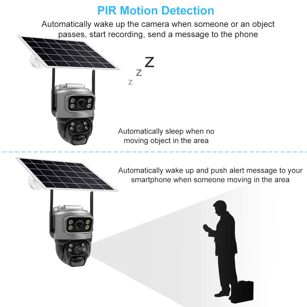 V380 Pro solar security camera detail, black and white PIR motion detection