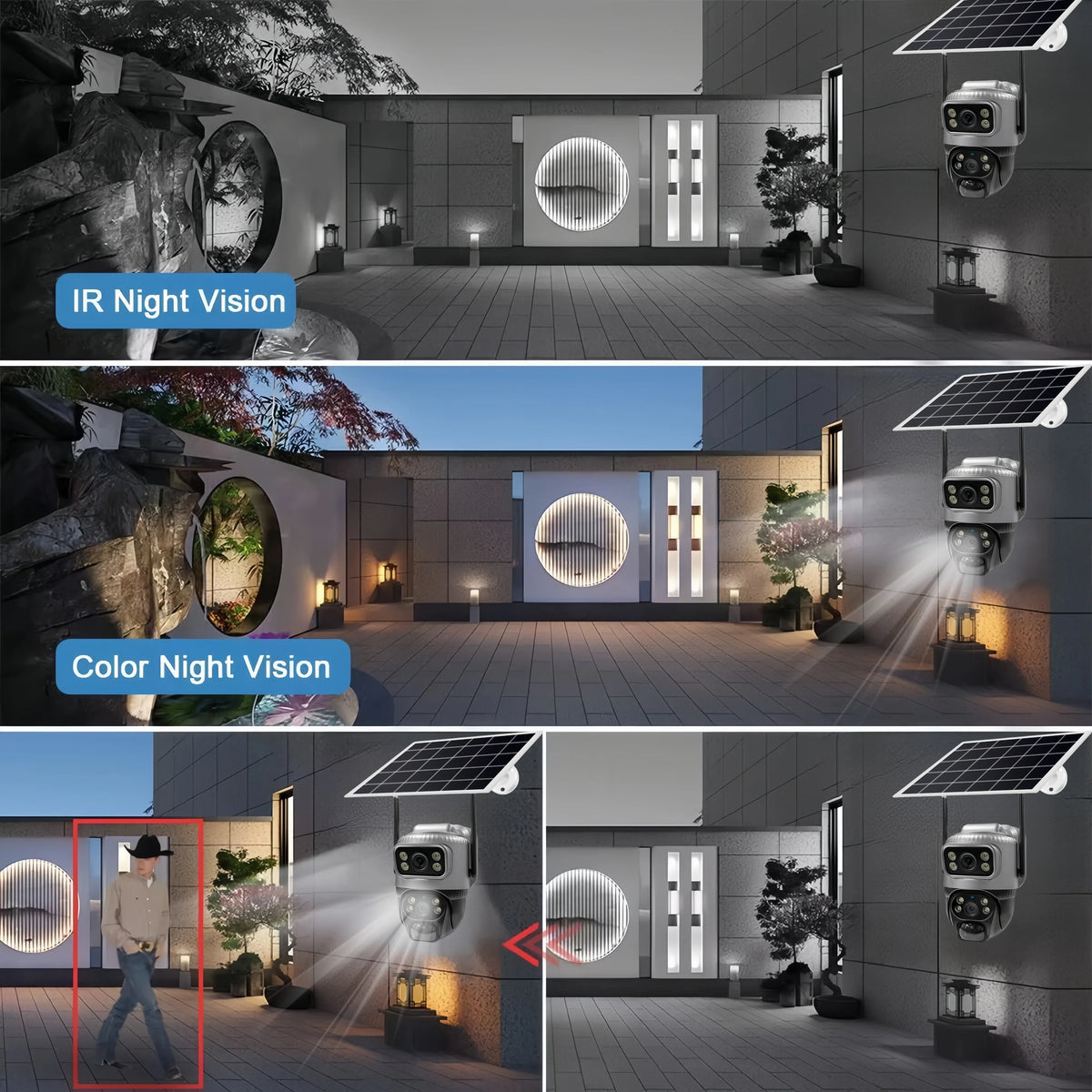 V380 Pro solar security camera installation, lifestyle shot with smart notifications