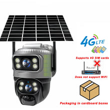 V380 Pro solar security camera, black and gray with solar panel and LED lights