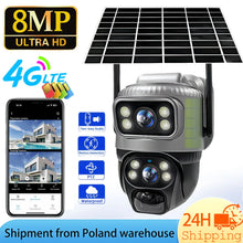 V380 Pro solar security camera, black and silver front view