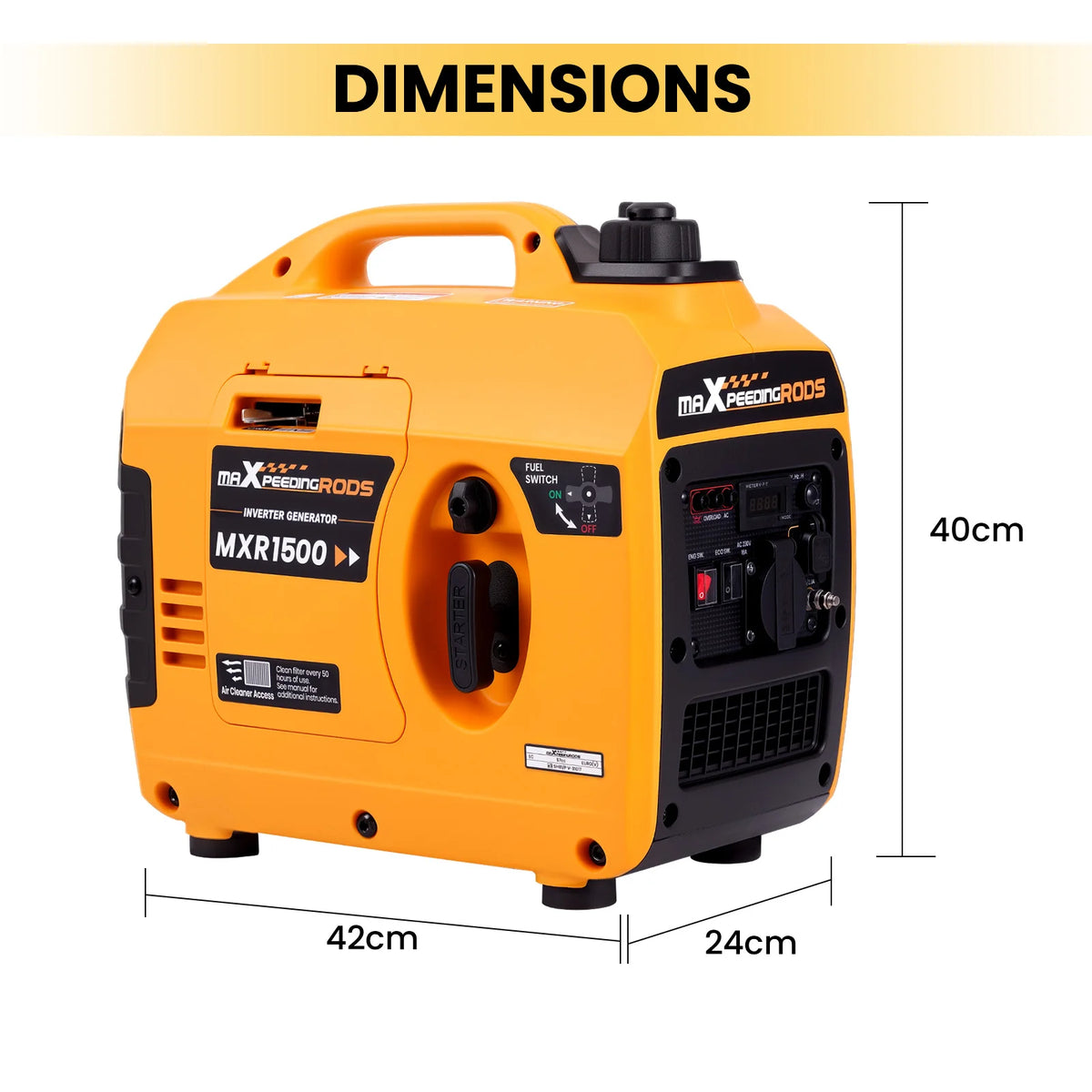 1200W portable generator side view with control panel in orange and black