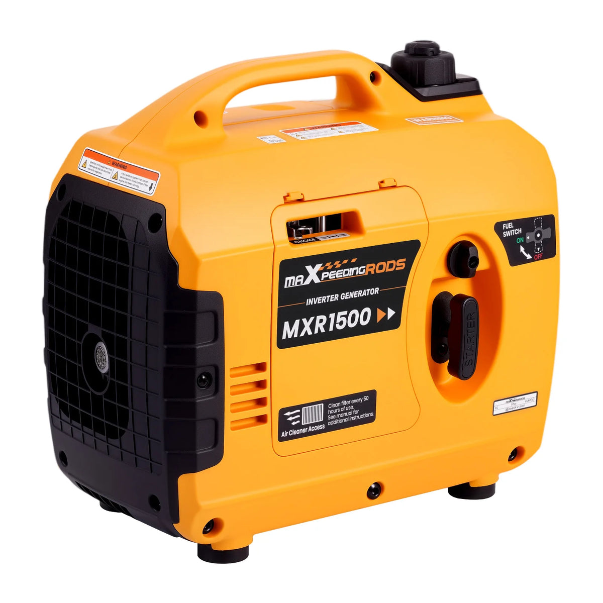 1200W portable generator side view featuring control panel in orange and black
