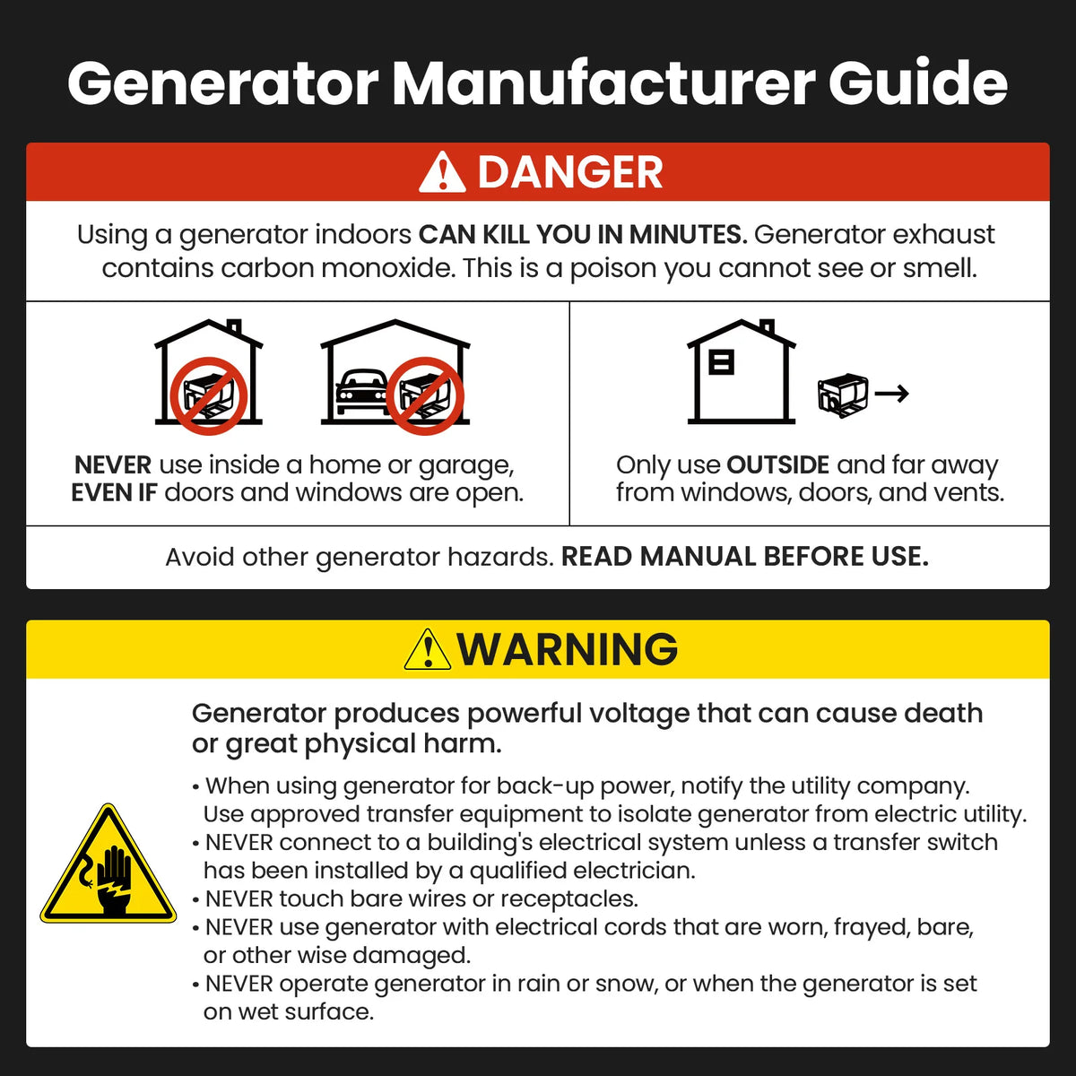 Generator manufacturer guide with warning symbols and text instructions