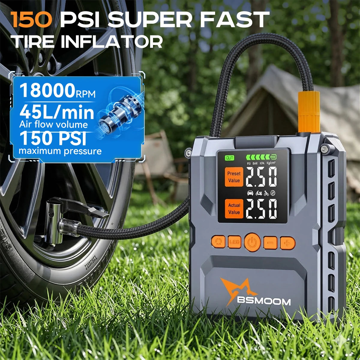 Front view of the portable air compressor with inflation hose and digital display in gray and orange.