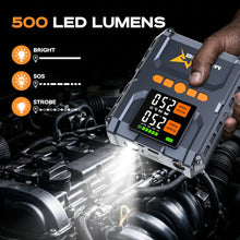 Detail view of the LED jump starter showcasing its digital display and compact design in black and orange.