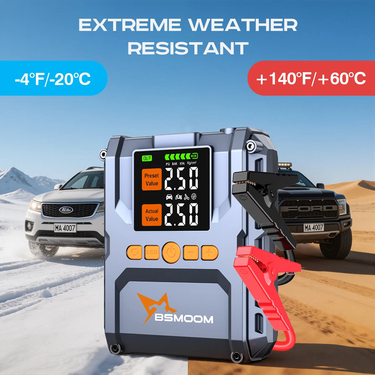 Lifestyle shot of the LED jump starter in snow, featuring a digital display and compact design.