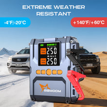 Lifestyle shot of the LED jump starter in snow, featuring a digital display and compact design.