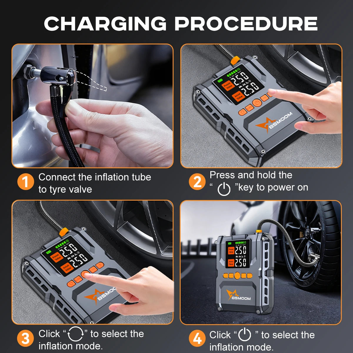 Detail view of jump start procedure with digital display on the 1500A PEAK Jump Starter in black and orange.