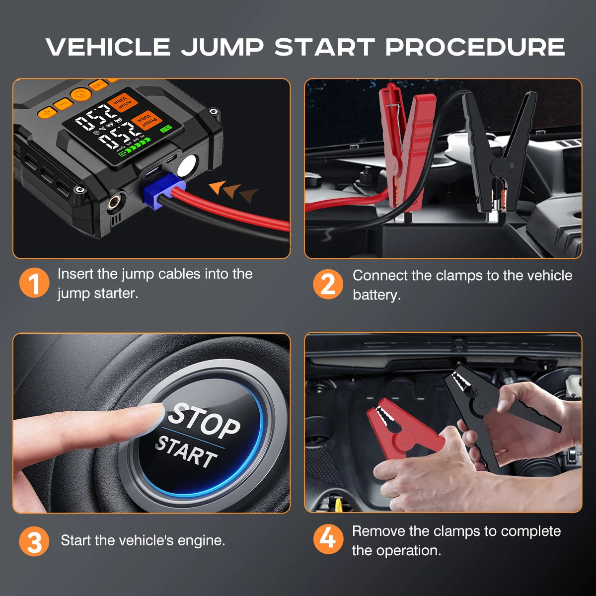 Detail view of charging procedure with digital display on the 1500A PEAK Jump Starter in black and orange.