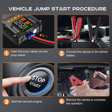 Detail view of charging procedure with digital display on the 1500A PEAK Jump Starter in black and orange.