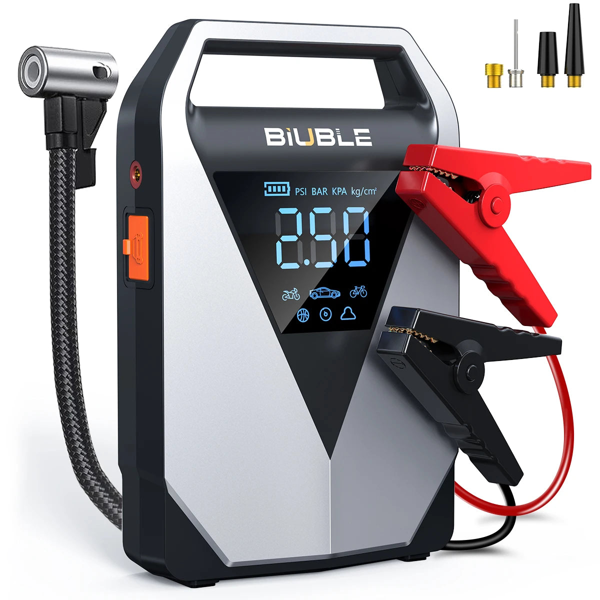 1500A PEAK jump starter in black and silver with digital display.