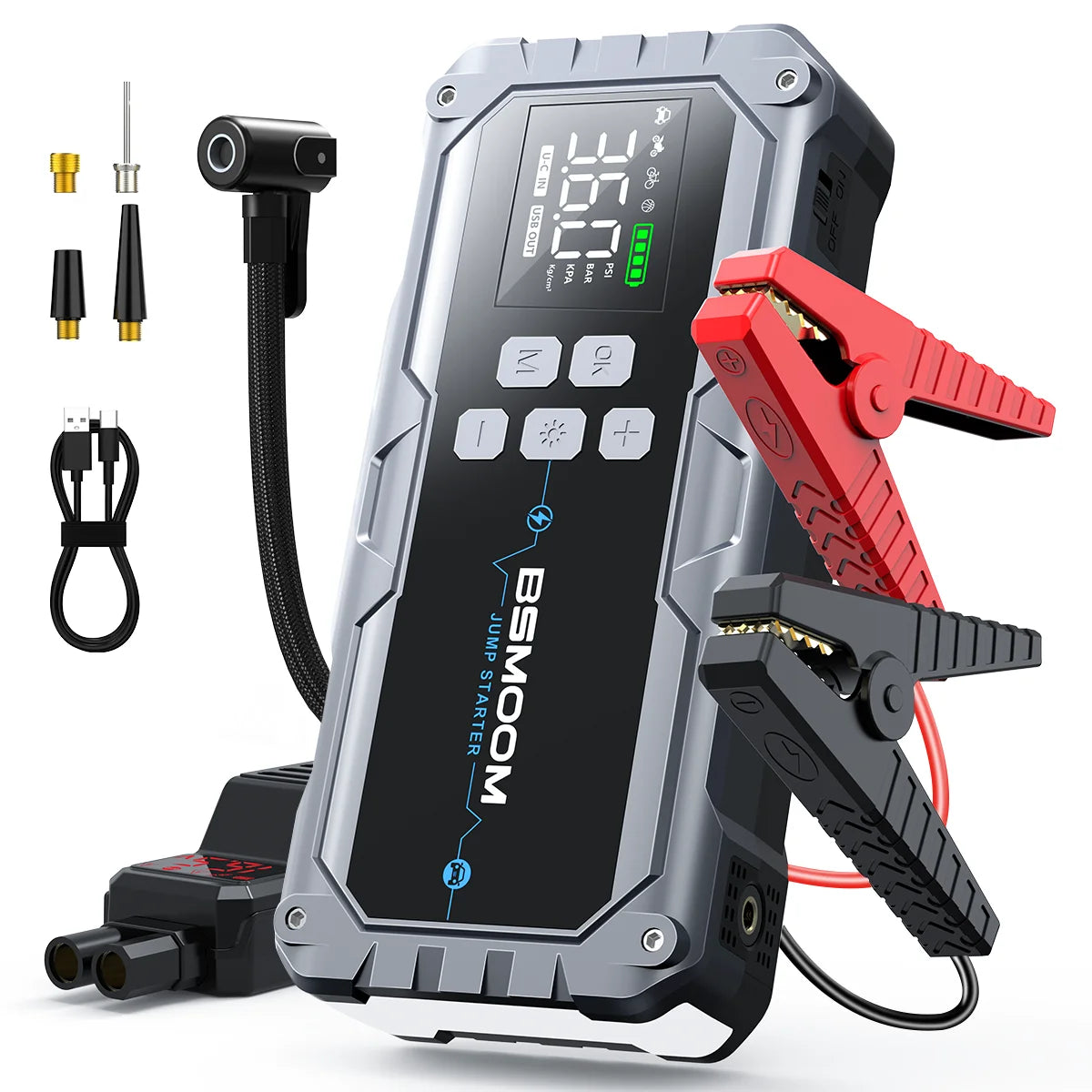 1500A PEAK jump starter in black and red with LED display.