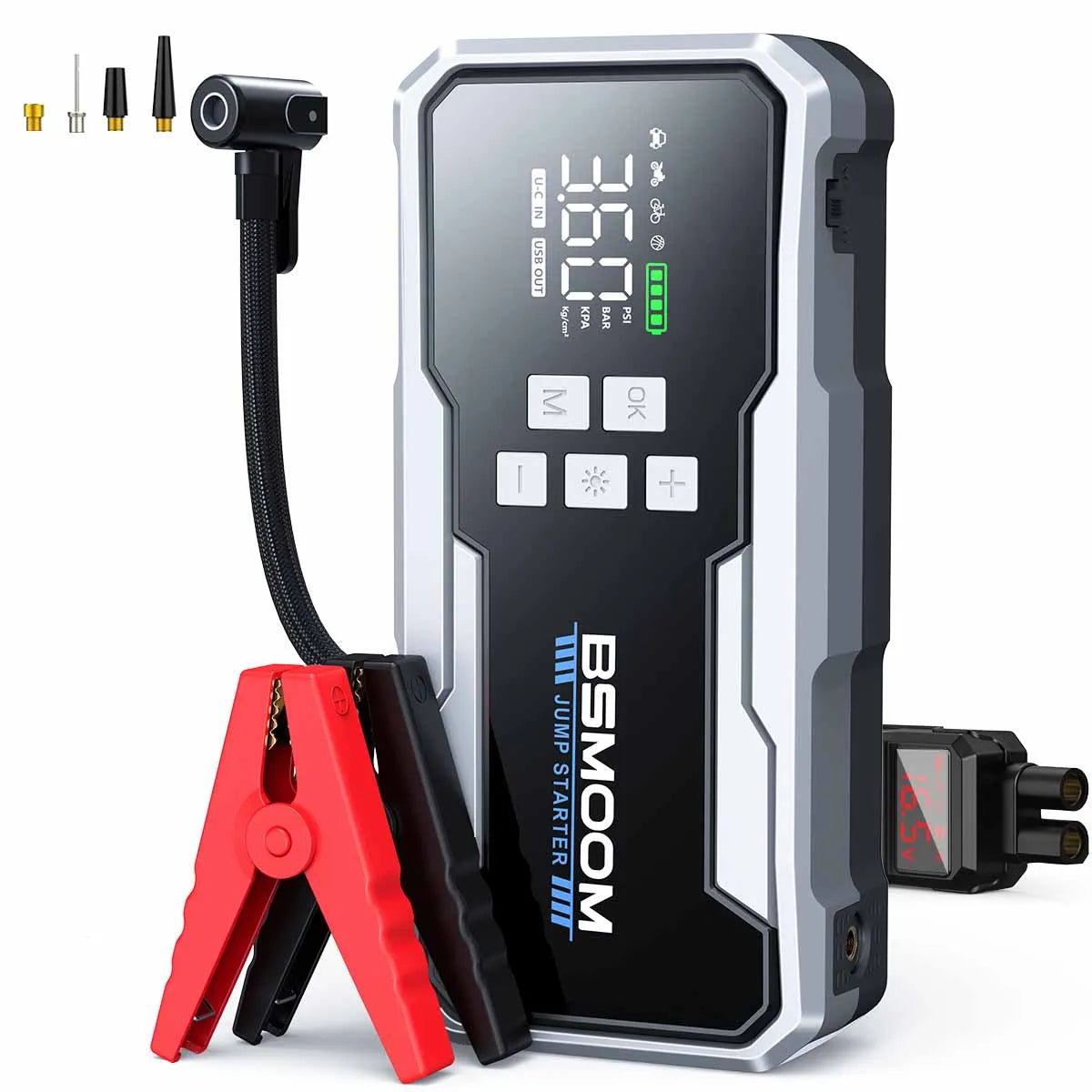 Portable jump starter in black and silver with digital display.
