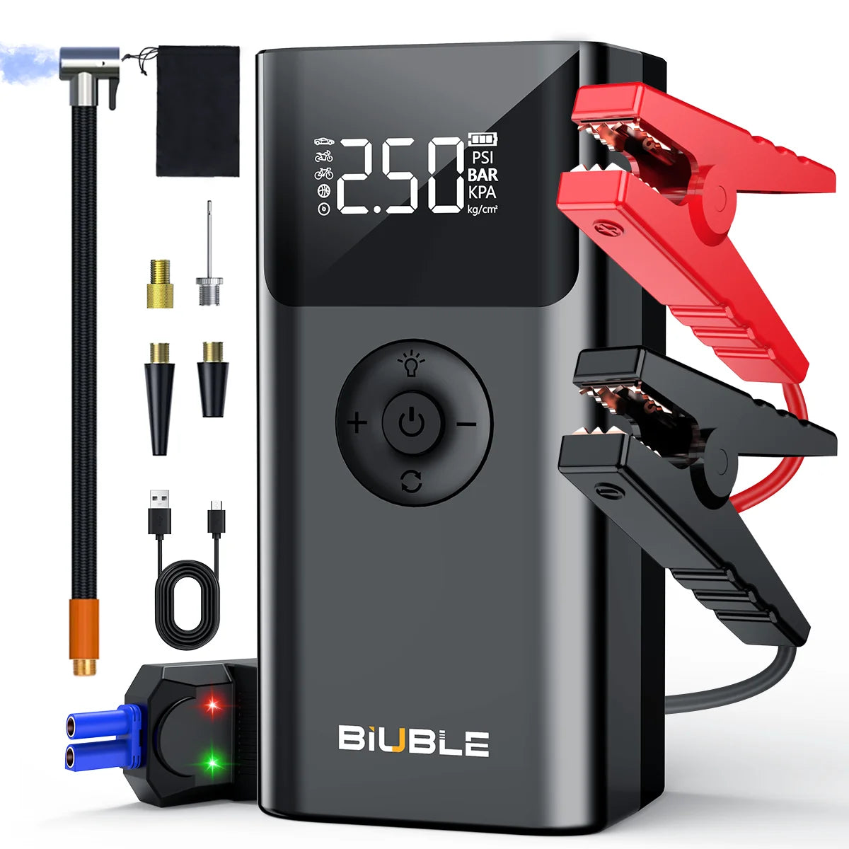 Car battery charger in black and red with digital display.