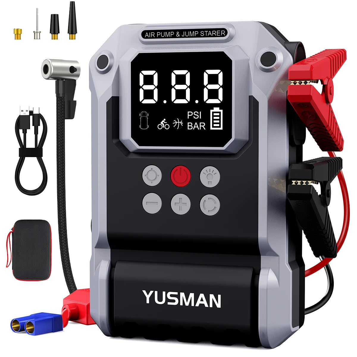 Battery jump starter in black and silver with digital display.