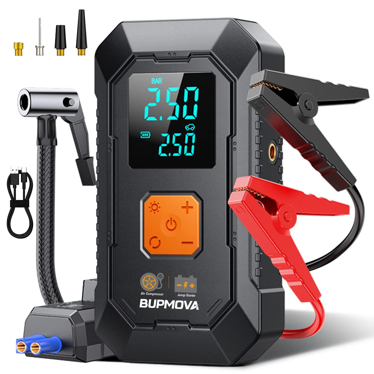 1500A PEAK jump starter in black and red with multiple accessories.