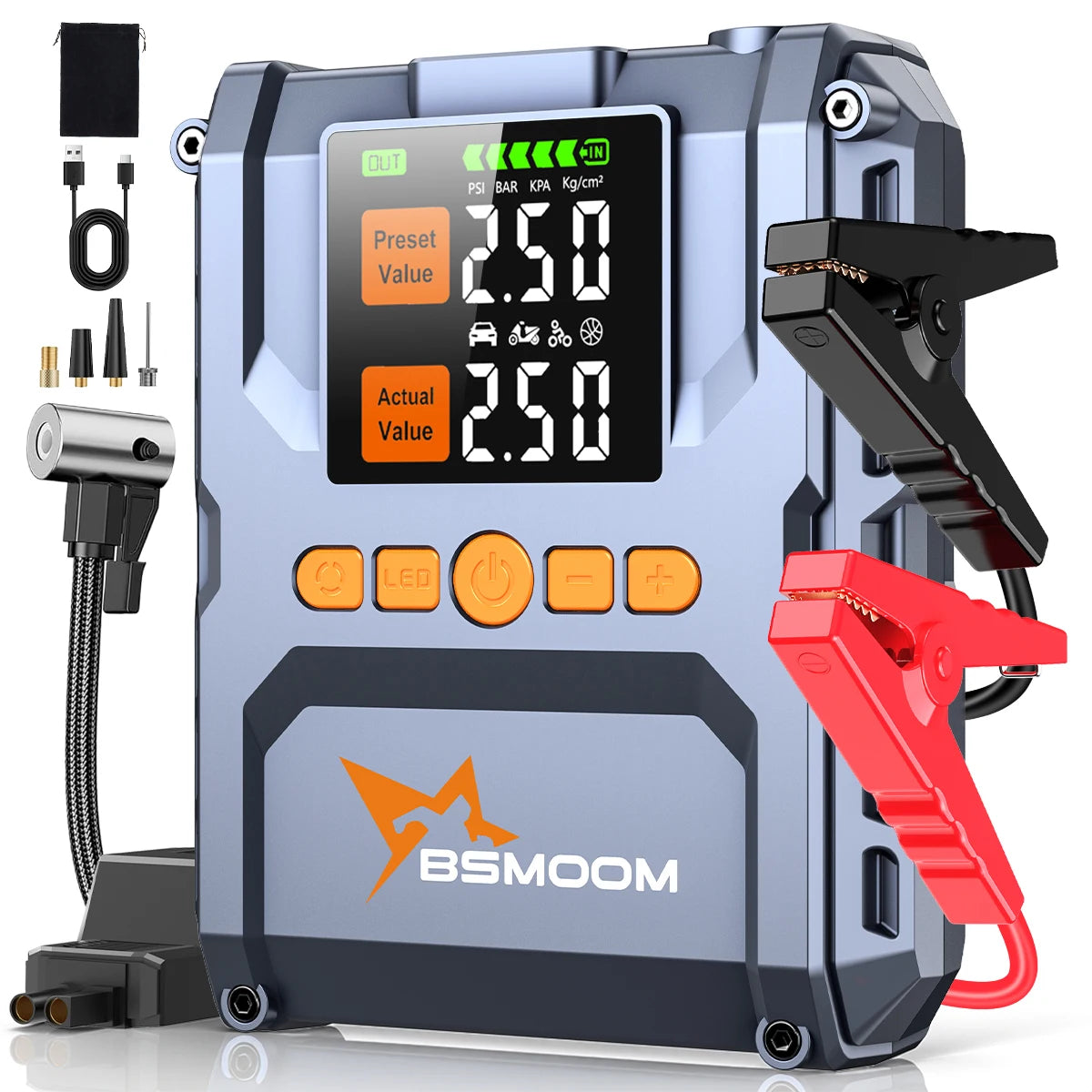1500A PEAK Jump Starter front view with digital display and jumper cables in gray and orange.