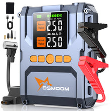 1500A PEAK Jump Starter front view with digital display and jumper cables in gray and orange.