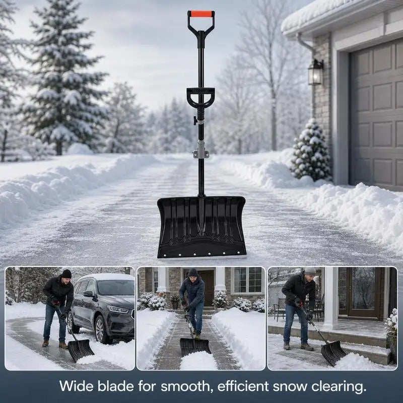 Close-up detail of black snow shovel components, showing blade and handle