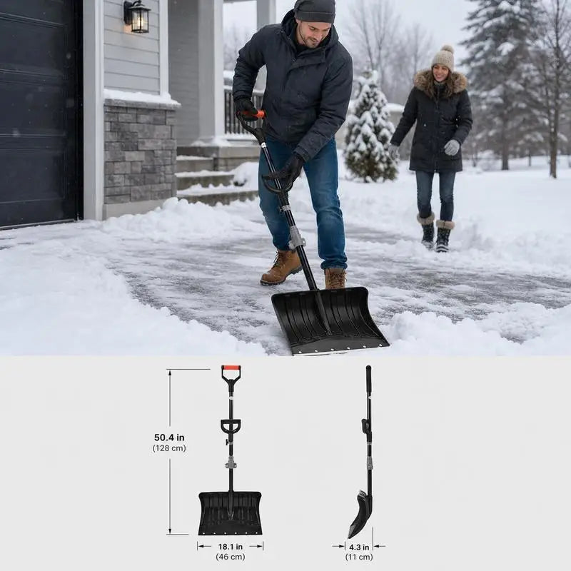 Lifestyle shot of black snow shovel in natural setting with ergonomic handle