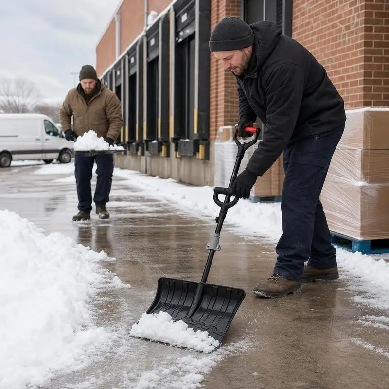 Lifestyle shot of people shoveling snow outdoors with a black snow shovel