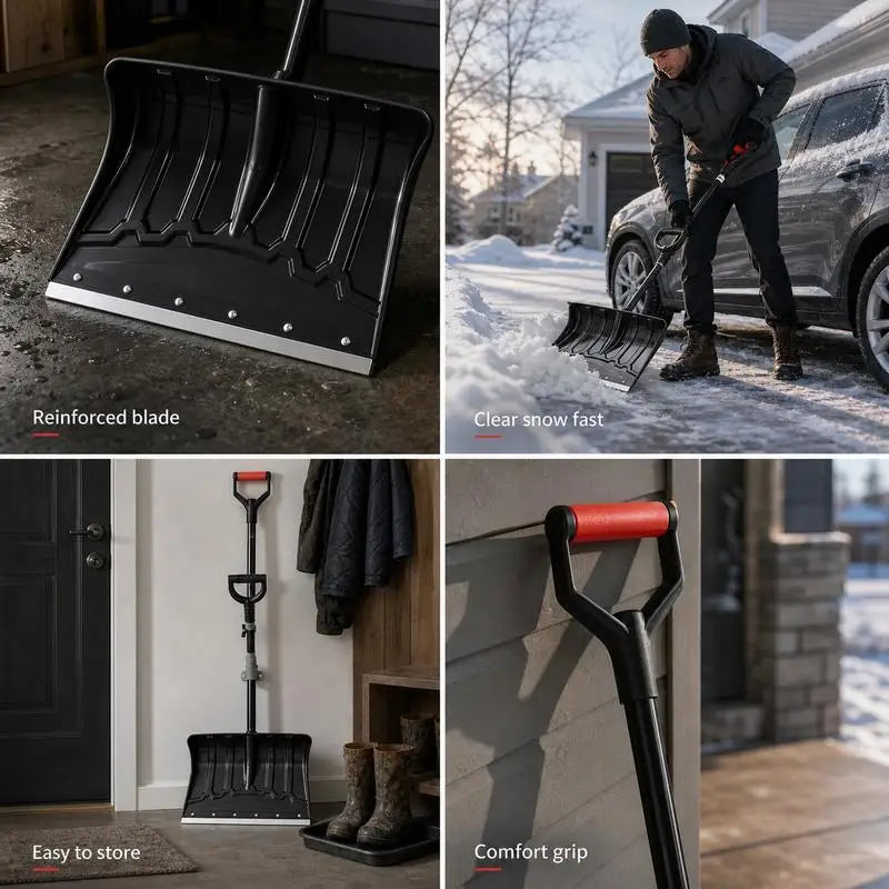 Packaging of black snow shovel highlighting multiple uses for snow clearing