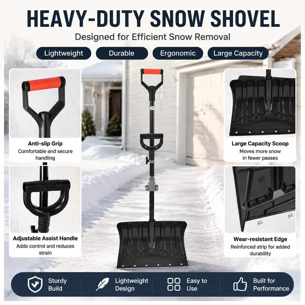 Packaging of heavy-duty snow shovel showing ergonomic handle