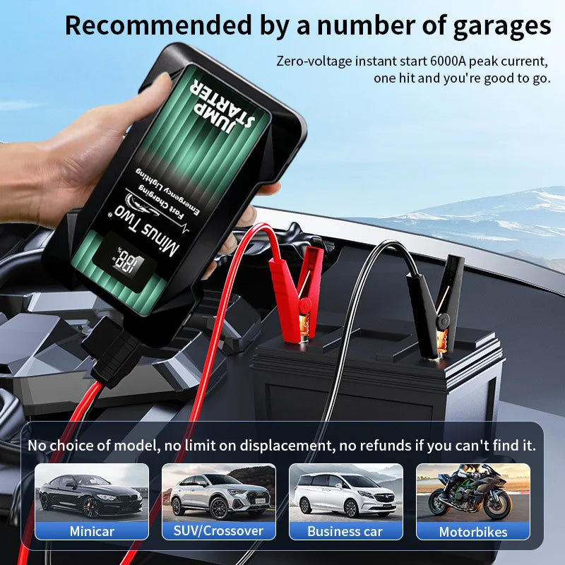 Car jump starter in black and green with charging indicator, lifestyle shot.