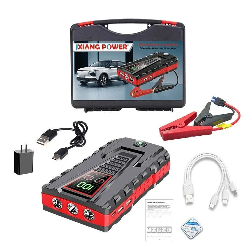 Car jump starter packaging in black and blue.