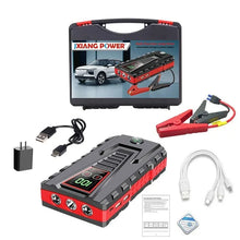 Car jump starter packaging in black and blue.