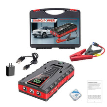 Car jump starter packaging in red, black, and gray.