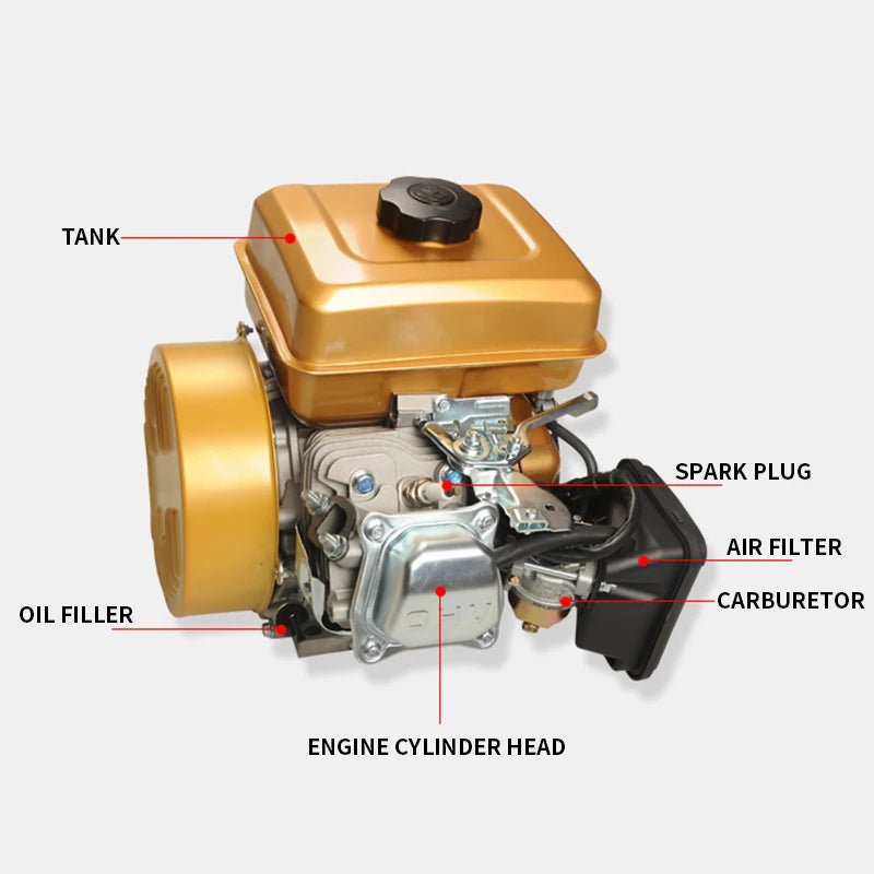 Petrol Generator detail view of the gold gasoline engine showcasing carburetor and air cleaner