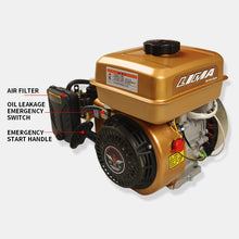 Petrol Generator detail view of the gold gasoline engine featuring air filter and fuel tank