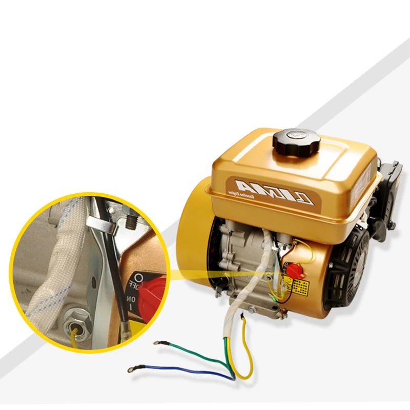 Petrol Generator side view showing exposed wiring of the yellow and black gasoline engine