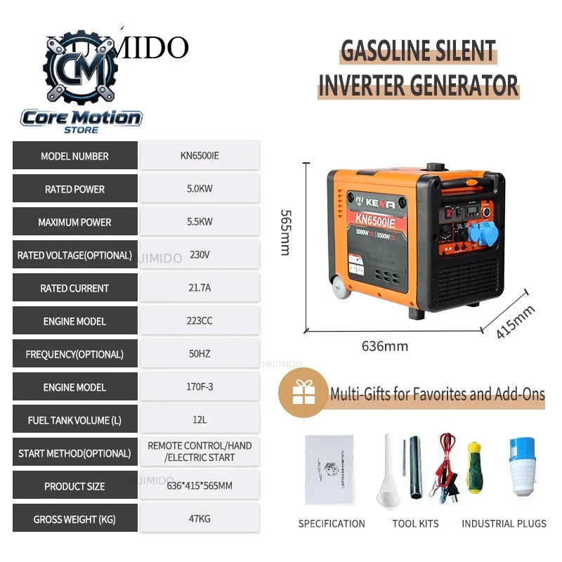3.5kW 6.5kW Dual-Fuel Generator specifications in orange, black, and white.